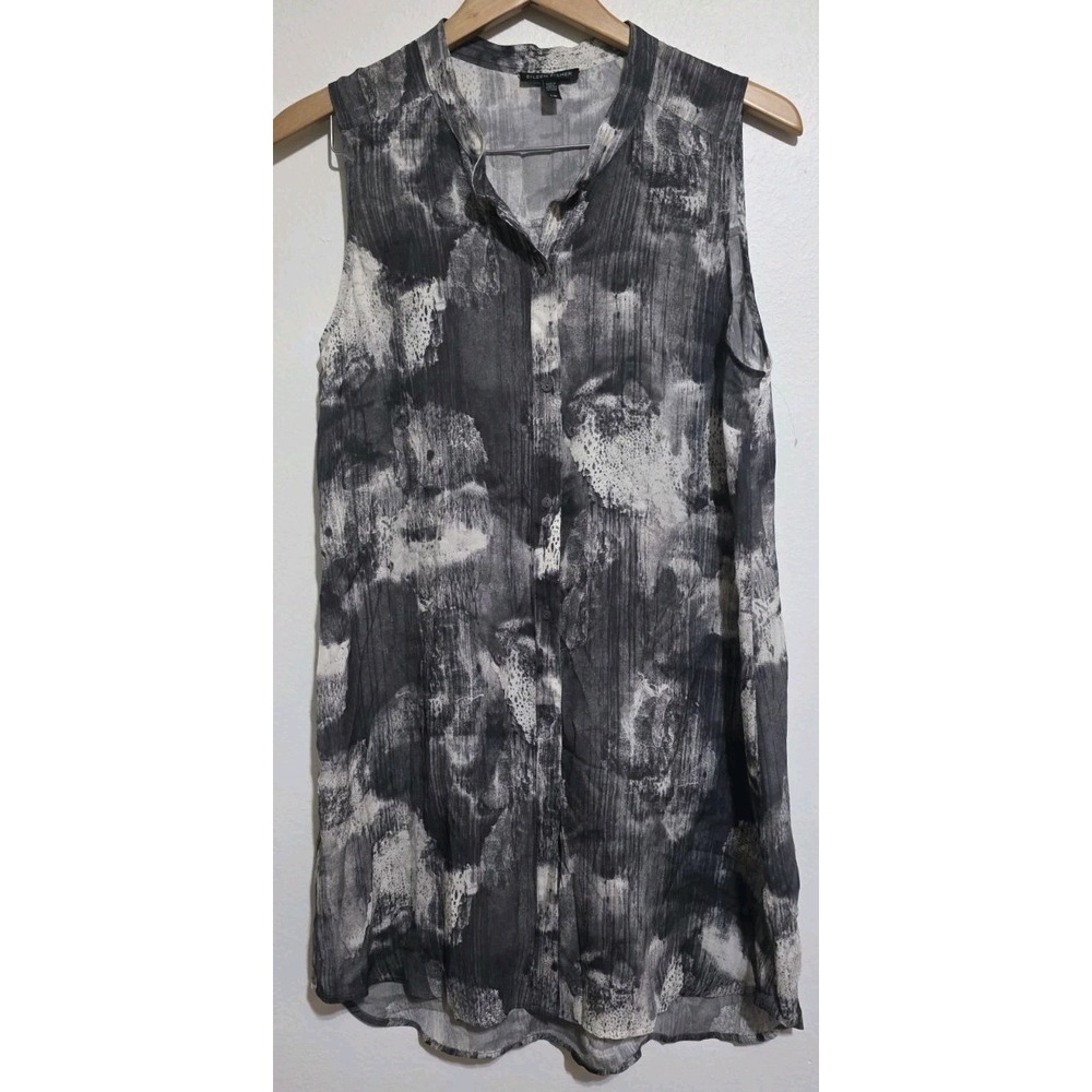 NEW Eileen Fisher Ink Blot 100% Silk Mandarin Collar Tunic Sleeveless Shirt Lrg
